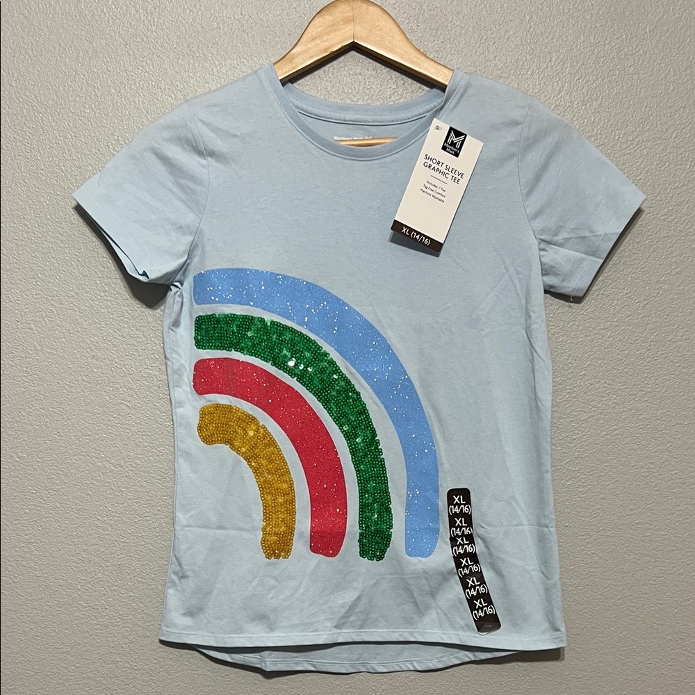 Member’s Mark Girls Blue T-Shirt Sz XL (14/16)‎ Sequin Rainbow Short Sleeve